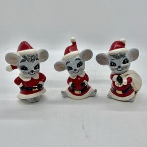 Vintage Hand Painted Ceramic Three Santa Mice Figurine Ornaments 3” Christmas
